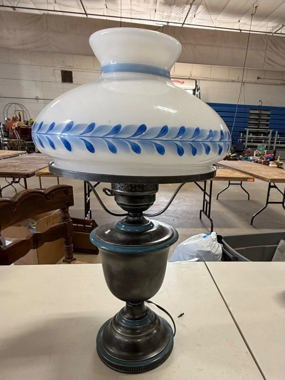 Blue and grey glass and metal lamp